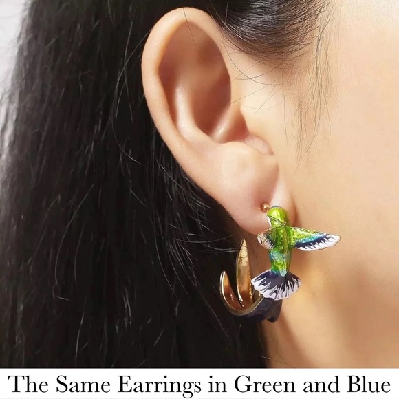 Whimsical Hand Painted Blue and Purple Birds of Paradise Hoop Earrings - Picture 5 of 16